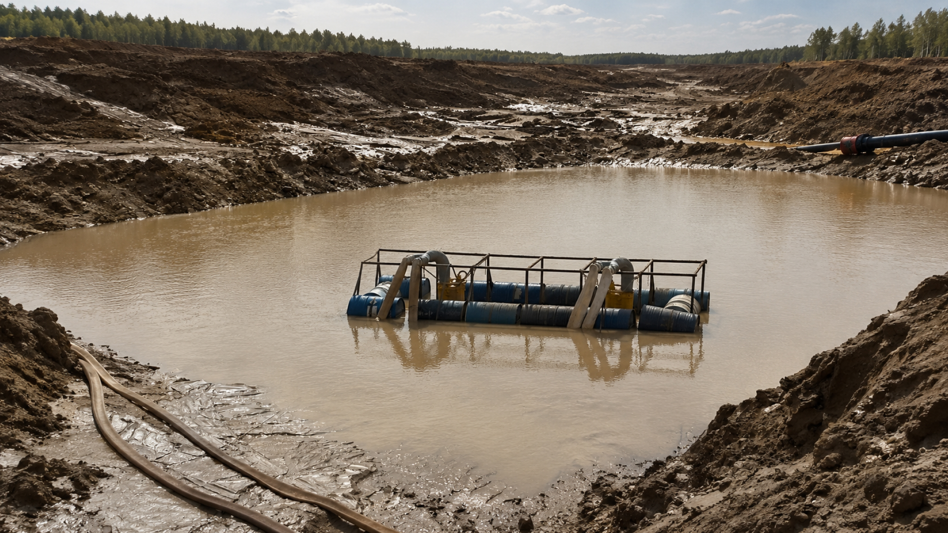 Водосборник карьера с насосной установкой на понтоне Карьерный водосборник с мутной водой и понтонной насосной установкой для откачки воды из зоны разработки