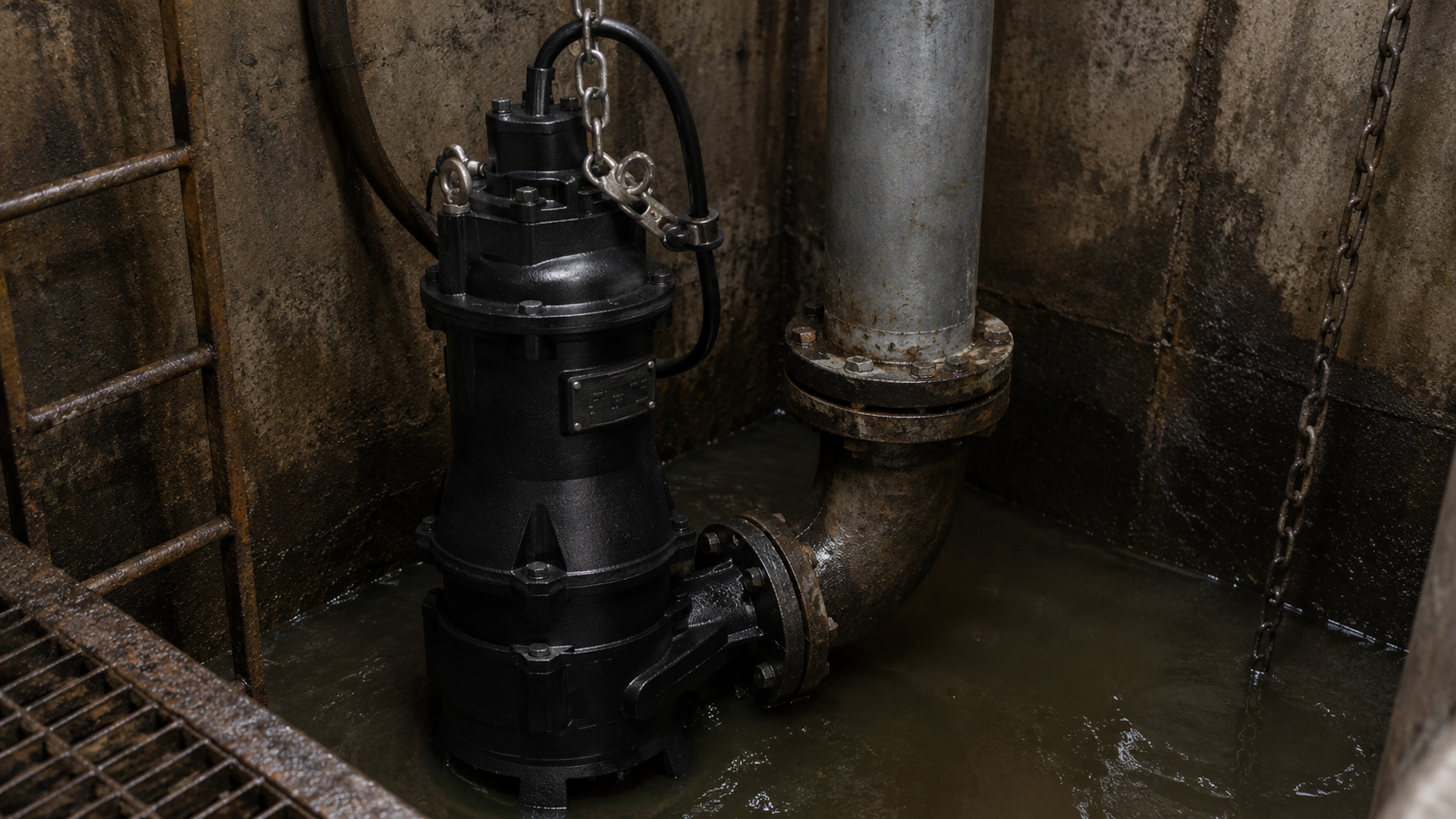 Погружной насос ZUMFA 220 В работает в приямке со сточными водами, подключён к трубопроводу и закреплён цепью для безопаской эксплуатации