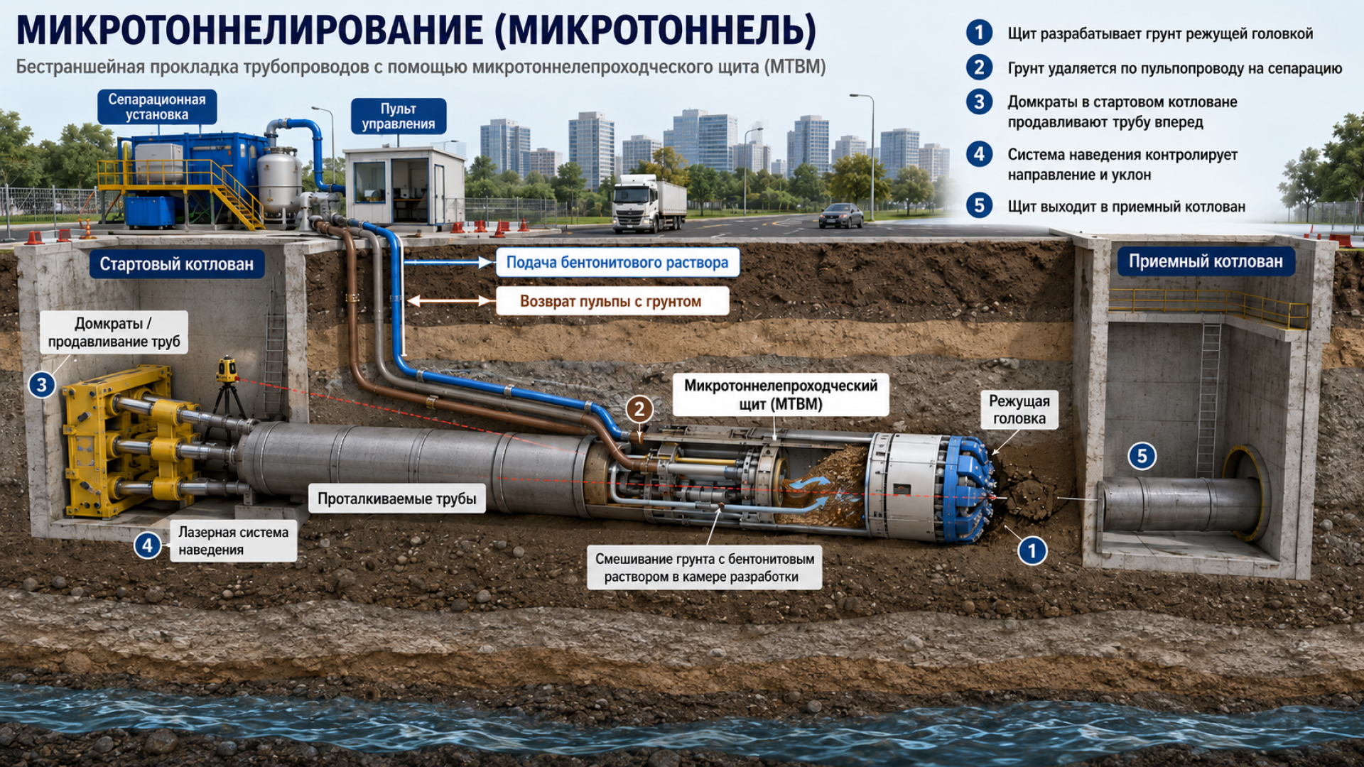 Инфографика показывает процесс микротоннелирования, работу проходческого щита, подачу бентонита и удаление пульпы с грунтом